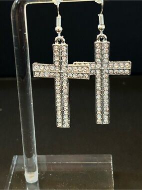 Beautiful Crystal Cross Drop Pierced Earrings - Silver Tone Clear Rhinestones